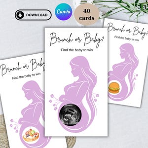 May include: Three rectangular game cards with the text Brunch or Baby? and Find the baby to win. Each card features a light purple silhouette of a pregnant person holding flowers, with a circular image of a baby ultrasound, a burger, or a fruit tart.