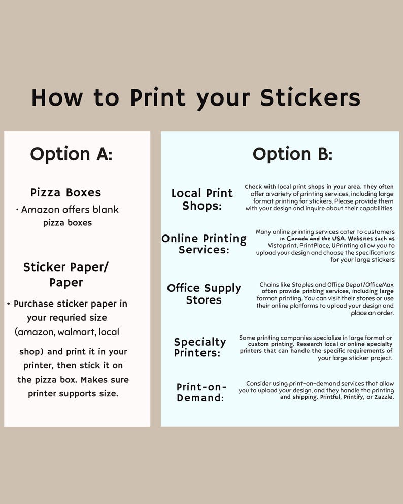 May include: An informational graphic titled How to Print your Stickers with two columns. Option A lists Pizza Boxes and Sticker Paper/Paper with instructions. Option B lists Local Print Shops, Online Printing Services, Office Supply Stores, Specialty Printers, and Print-on-Demand with descriptions for each service.