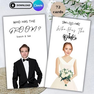 Puede incluir: Dos tarjetas blancas para un juego de boda. Una tarjeta dice "Who Has The Groom?" con la imagen de un hombre en esmoquin. La otra tarjeta dice "Who Has The Bride?" con la imagen de una mujer con un vestido de novia. Las tarjetas tienen el texto "Scratch & See".