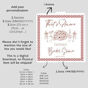 May include: A square digital design for a pizza box label featuring a red and white checkered border. The center displays the text That's Amore, a pizza illustration, a champagne bottle, and the text OLIVIA'S Bridal Shower, JUNE 30, 2035.