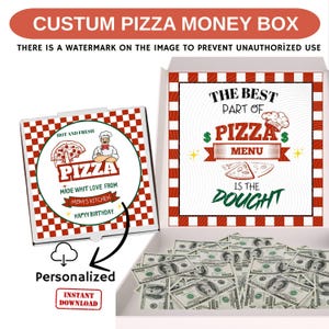 Könnte beinhalten: Eine weiße Pizza-Geldbox mit rot-weißem Karomuster, gefüllt mit Geldscheinen. Der Deckel zeigt Pizza-Grafiken und Text, darunter "Pizza" und "Happy Birthday".