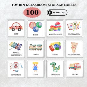 Könnte beinhalten: Ein digitales Set mit 100 Aufbewahrungsetiketten für Spielzeugkisten und Klassenzimmer, die Aquarellillustrationen von Autos, Bällen, Blöcken, Büchern, Instrumenten, Zügen, Legos, Kuscheltieren, Arztspielzeug, Puppen, Dinosauriern und Lastwagen zeigen.
