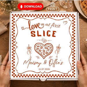Wedding Pizza Box Label , Personalized Pizza Box Sticker,  Love At First Slice , Printable Wedding Favor Digital Download