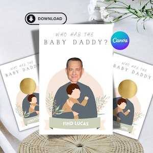 Pode incluir: Três cartões de jogo retangulares com o texto WHO HAS THE BABY DADDY? no topo. O cartão central mostra uma pessoa segurando um bebê, com a foto do rosto de um homem acima da ilustração. Uma faixa verde na parte inferior diz FIND LUCAS.