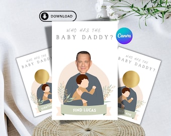 Peut inclure: Trois cartes de jeu rectangulaires avec le texte WHO HAS THE BABY DADDY? en haut. La carte centrale montre une personne tenant un bébé, avec la photo du visage d'un homme au-dessus. Une bannière verte en bas indique FIND LUCAS.
