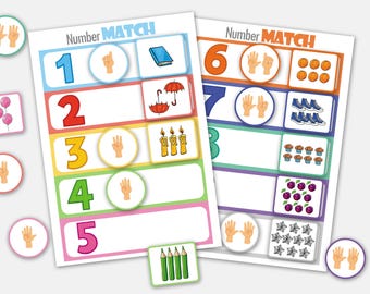 May include: Two colorful educational number matching game sheets with the title "Number MATCH". The sheets feature numbers 1-8 with corresponding images like books, umbrellas, and candles. Matching circles with hand gestures are also included.