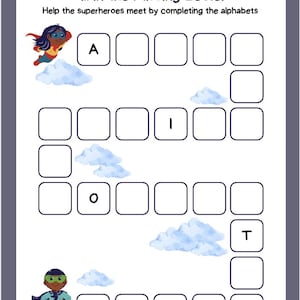 Hoja de trabajo de seguimiento de letras del alfabeto para niños Tema de superhéroes Complete las letras que faltan Aprendizaje preescolar Página de actividades del alfabeto en PDF imprimible