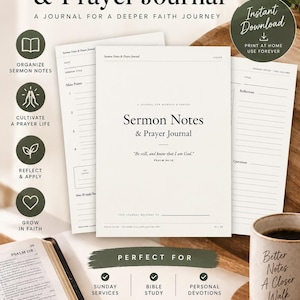 May include: A printable sermon notes and prayer journal featuring a cover page with the text Sermon Notes & Prayer Journal and Psalm 46:10. The set includes interior pages with sections for dates, titles, main points, and reflections.