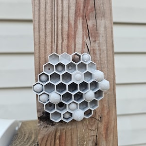 Puede incluir: Una estructura de panal gris, impresa en 3D, con detalles esféricos, fijada a un poste de madera envejecida. Las celdas del panal son hexagonales y las esferas están espaciadas uniformemente. El poste tiene vetas de madera visibles.