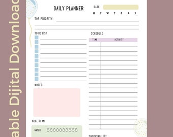 May include: A printable daily planner with a light blue balloon with gold confetti on the left side and a light blue balloon with gold confetti on the right side. The planner includes sections for top priority, to do list, schedule, notes, meal plan, and shopping list. The planner is available in A4, A5, and letter sizes.