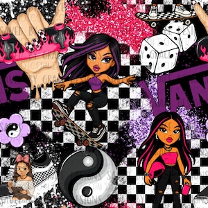 Op de afbeelding: Een zwart-wit geblokte achtergrond met een paarse en roze glitteroverlay. Twee cartoonmeisjes skateboarden, een met paars haar en de andere met roze haar. Het woord "VANS" staat in paarse letters. Er zijn ook dobbelstenen en een yin-yang symbool.