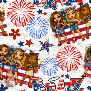May include: A seamless pattern featuring Bratz dolls in red, white, and blue outfits with stars and fireworks. The text "Bratz" is written in red, white, and blue letters.