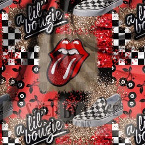 Może przedstawiać: Wzór w czerwoną, białą i czarną kratkę z czerwonym, błyszczącym językiem, czerwono-białym butem w kratkę i tekstem "a lil' boujie" w kolorze czarnym i białym.