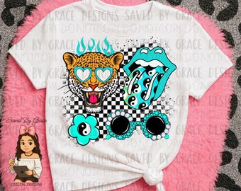 May include: White t-shirt with a graphic design featuring a cheetah, a tongue with eyes, sunglasses, and a yin-yang symbol. The design is in shades of blue, black, and white.