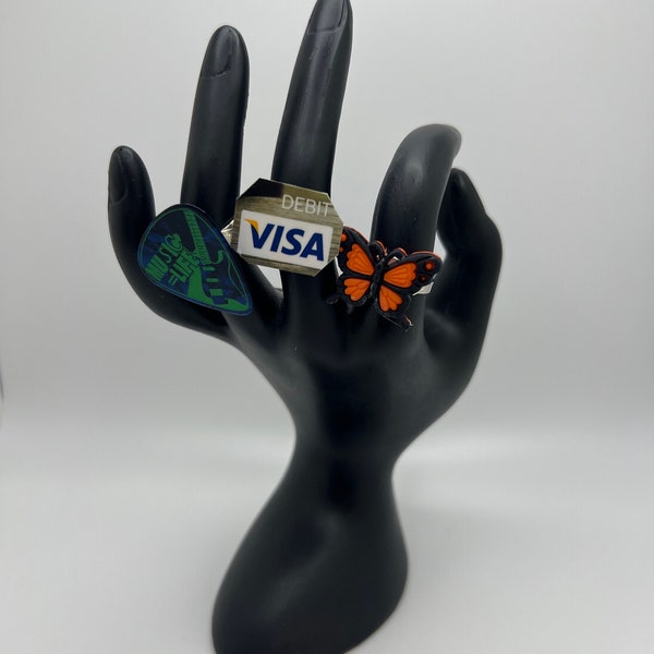 Visa ring, Guitar pick, Butterfly ring shopping, funky statement ring, chunky, unique, fashion, eccentric, handmade, exaggerated, adjustable