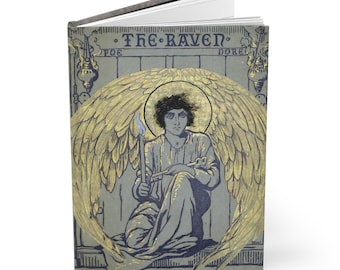 May include: A vintage book cover with a gold and blue illustration of an angel with wings, holding a candle. The title "The Raven" is written in black lettering with the authors "Poe" and "Dore" below.