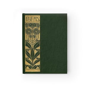 Peut inclure: Un livre à couverture rigide vert foncé. Le dos du livre porte le mot "POEMS" en lettres dorées au-dessus d'un motif floral doré. Le livre est rectangulaire et semble neuf.