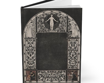May include: Black journal with a decorative cover featuring a woman standing in an archway with floral designs. The cover has a textured, aged look.