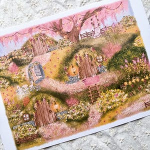 May include: Watercolour painting of a whimsical garden scene with several wooden doors nestled into grassy hills. The artwork features pink and yellow flowers, a large tree, and a swing. Soft lighting and a fairytale aesthetic.
