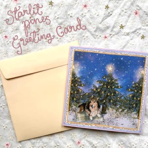 Starlit Pines - Sable & White Rough Collie Christmas Greeting Card