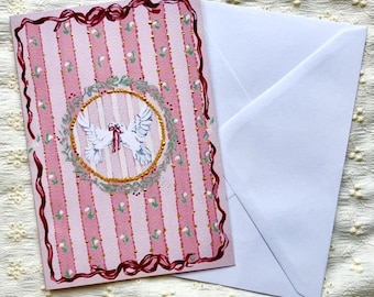 Bespoke Hand-Painted &quot;Two Turtle Doves&quot; Vintage Christmas Greeting Card with Gold Details