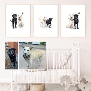 May include: Three framed dog portraits. Each features a black and white dog pair with a butterfly. The bottom shows two dog photos and a white cot with a rocking horse and a basket.