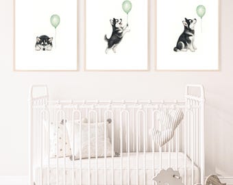 Husky Dog Watercolor Nursery Print, Kid Room Wall Art (Digital Download)