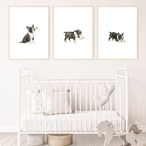 May include: Three framed watercolor prints featuring Boston Terrier puppies. Each print shows a different puppy interacting with a small insect. The puppies are black and white, set against a white background. The frames are a light wood color.