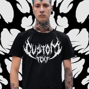 Camiseta unissex com letras de heavy metal escuro personalizadas | Personalizada | Presente para fãs de metal | Presente para camisa personalizada | Camiseta heavy metal | Presente para death metal