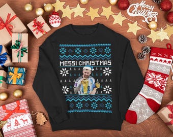 Sudadera navideña de Messi / Sudadera con capucha de Lionel Messi / Suéter feo de Messi / Regalo de Navidad de Messi / Regalo para fan de Leo Messi / Suéter feo de fútbol