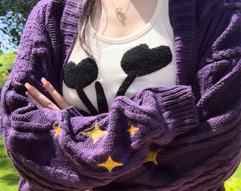 Purple Star Embroided Cardigan Merch: Oversized Cute Hand Knitted Botton Up Purple Taylors Version Cardigan Y2K Trend