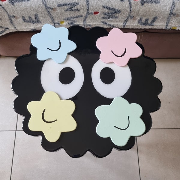 Soot Sprite painted coffee table, Tea table covered in epoxy resin, under cup, under glass, Wooden coffee table