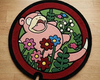 Tappeto Artigianale Rotondo Tufting - Tappetino da Camera stile Tombino Anime Rosa, Arredo Nerd Fatto a Mano, Sfondo Fiori e Foglie
