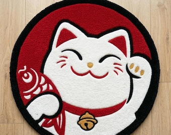 Tappeto Artigianale Rotondo in Lana Tufting - Tappetino da Camera stile Maneki Neko Gatto della Fortuna, Arredo Giapponese Fatto a Mano