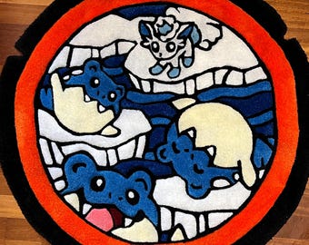Tappeto Tufted Rotondo Ispirato ad Anime e Videogiochi - Design "Mostri di Ghiaccio" - Arredamento Nerd Fatto a Mano - 100% Morbido Acrilico