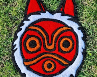 Tappeto, Maschera Principessa Mononoke, Studio Ghibli, arredamento, decorazione, anime, design, creatività, fatto a mano, tessile, morbido.