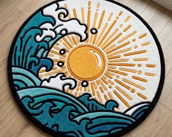 Tappeto Artigianale Rotondo in Lana Acrilica Tufting - Tappetino da Camera Grande Onda Giapponese e Sole, Arredo Minimal Orientale