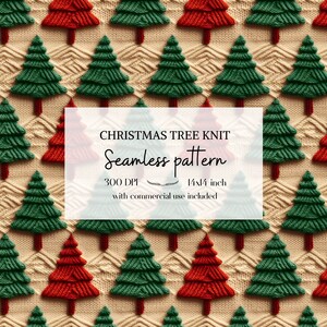 Puede incluir: Un patrón sin costuras de árboles de Navidad de punto rojo y verde sobre un fondo beige. El texto "CHRISTMAS TREE KNIT Seamless pattern 300 DPI 14x14 inch with commercial use included" está en un cuadro blanco.