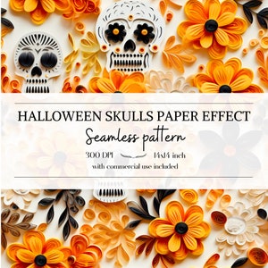 Motifs d'Halloween effet papier 3D, motifs de crânes d'Halloween sans bordure pour tous vos projets créatifs et professionnels
