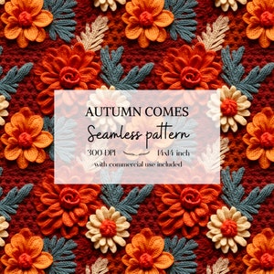 Illustration de feuilles et fleurs d'automne imitation tricot et broderie, Motifs sans bordure pour tous vos projets créatifs