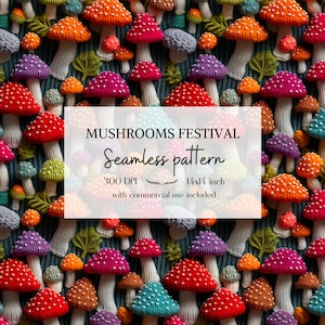 Motifs de champignons imitation broderie, image automnale sans bordure pour tous vos projets créatifs, usage commercial inclus