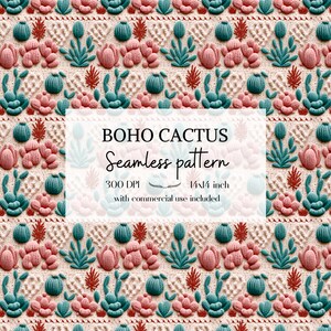 Illustration Boho cactus imitation tricot et broderie, Motifs sans bordure pour tous vos projets créatifs et professionnels