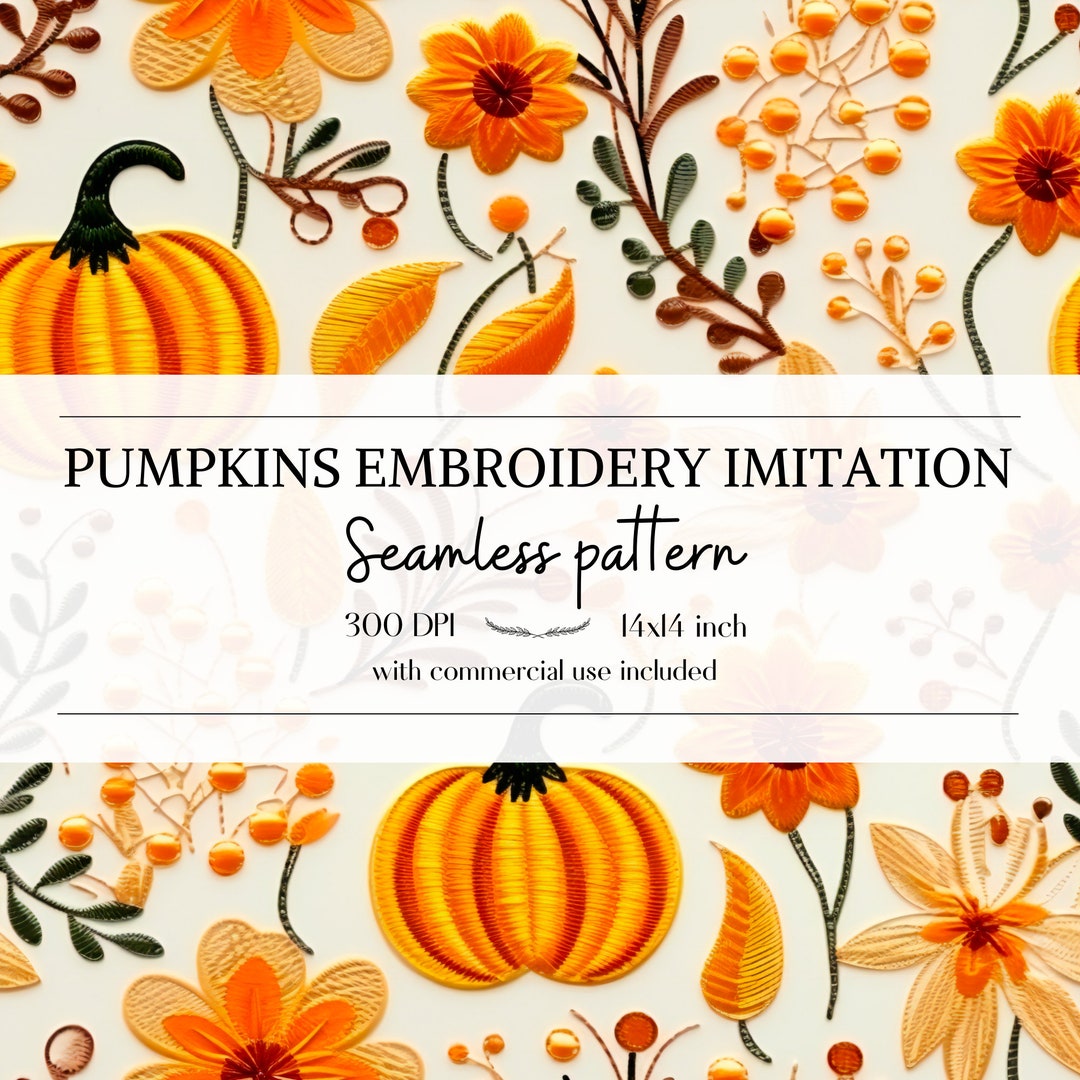 Pumpkin Embroidery Imitation Seamless Pattern, Fall Png Files for ...