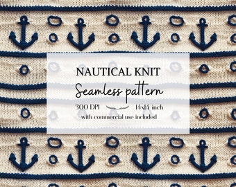 Nautical Seamless Pattern, faux embroidery png file, Embroidery seamless pattern, Ocean seamless pattern, With commercial use