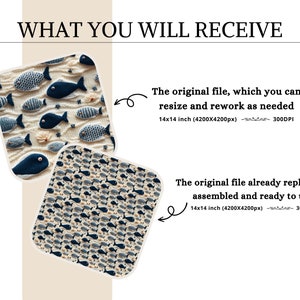 May include: Two images of a digital download of a 14x14 inch (4200x4200 pixels) pattern for a knitted blanket featuring a repeating pattern of blue and grey fish on a cream background. The first image shows a close-up of the pattern, while the second image shows the full pattern.