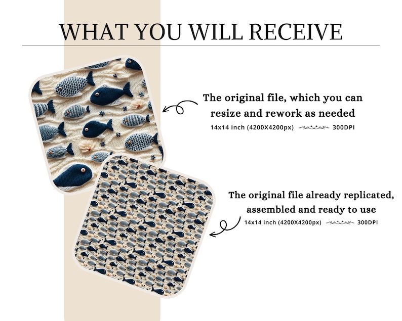 May include: Two images of a digital download of a 14x14 inch (4200x4200 pixels) pattern for a knitted blanket featuring a repeating pattern of blue and grey fish on a cream background. The first image shows a close-up of the pattern, while the second image shows the full pattern.