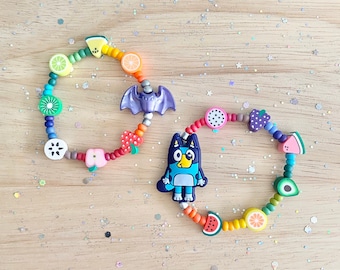 Kids Bluey Inspired Beaded Stacker Bracelets {Fruit Bat}, Blue Dog Bracelet, Play Jewelry, Sensory Play, Colorful Friendship Bracelets