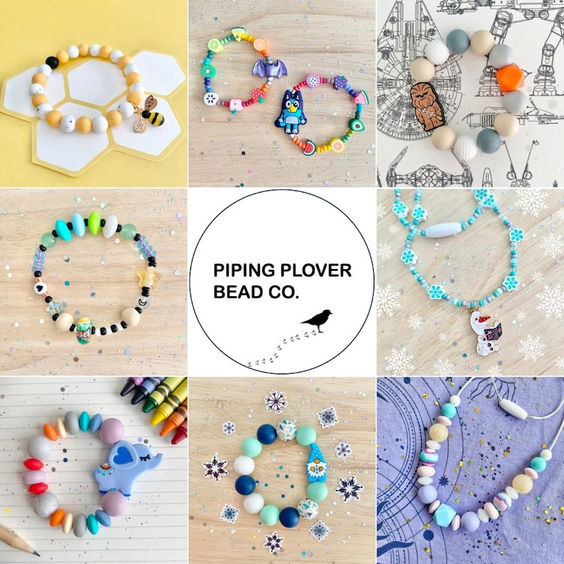 May include: A collection of colorful beaded bracelets and necklaces. The bracelets feature various designs, including a bee charm, a Bluey character, and an elephant. The necklaces have snowflake and snowman pendants. The brand logo "Piping Plover Bead Co." is also visible.