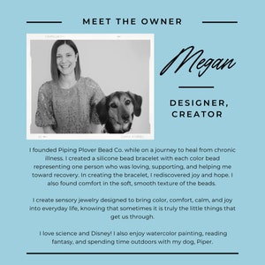 May include: A black and white photo of a woman and a dog. The text reads "Meet the Owner" and "Megan, Designer, Creator." The text below describes the owner's journey and the creation of sensory jewelry.