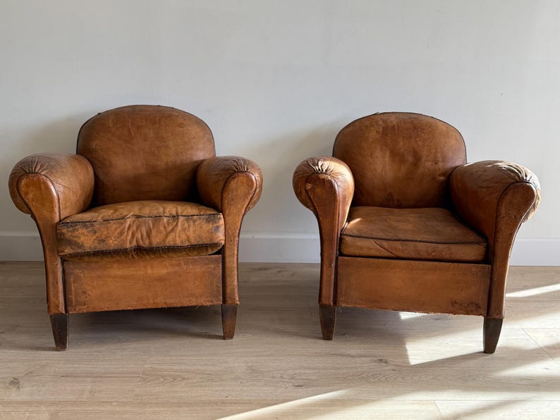 Antique Pair French Leather Chairs
